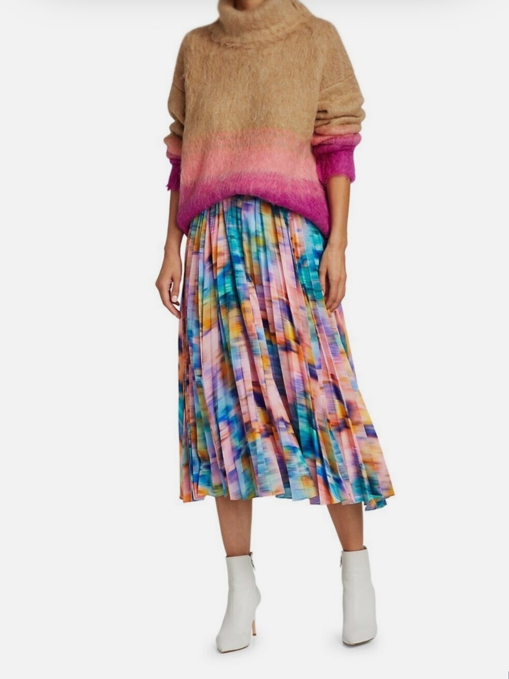Tanya Taylor Multicolor Pleated Midi Skirt - Blue, Pink, Orange